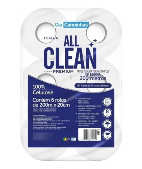 Papel toalha bobina 200mtx20cm c/6 rolos All Clean 1250